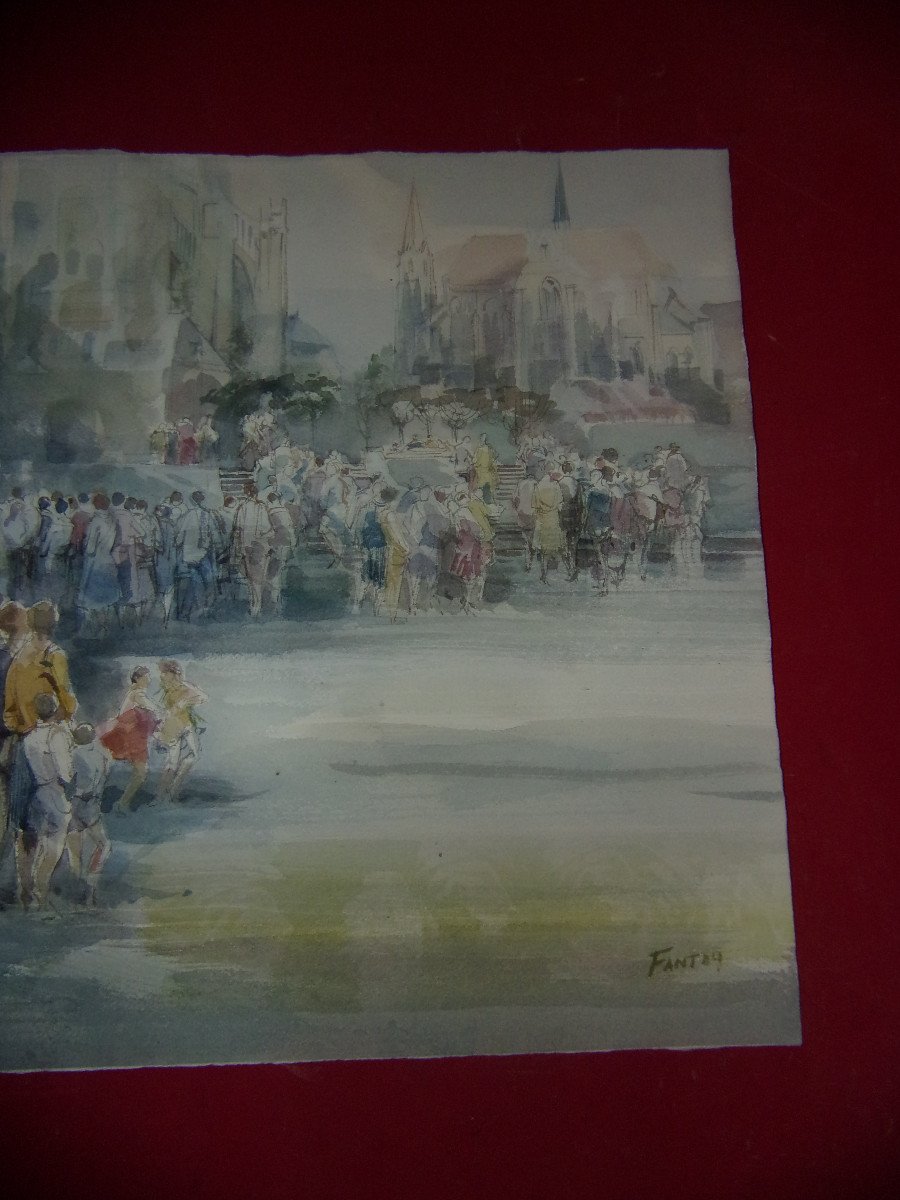 “waiting For The Event”, Watercolor Signed Guy Fantou, 20th Century.-photo-2