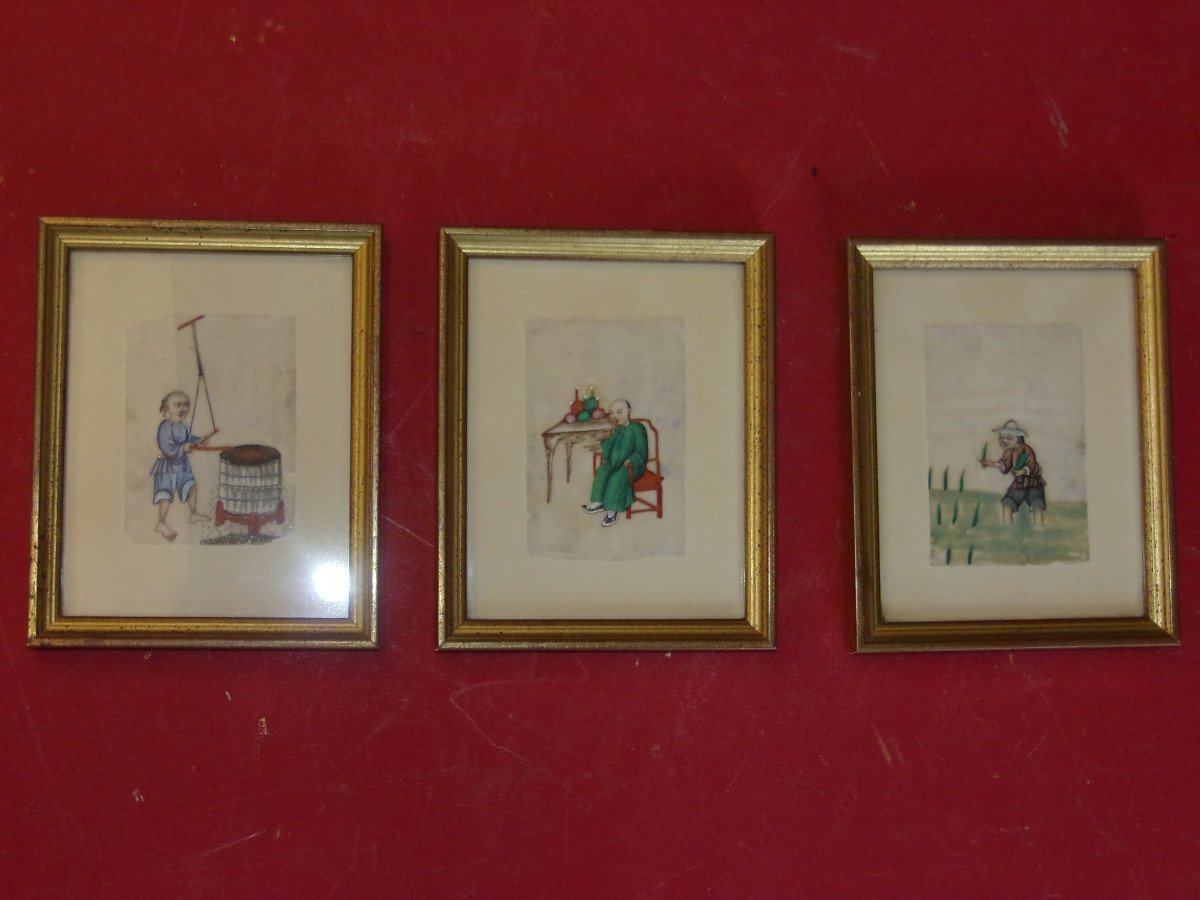 Scènes De Vie Chinoise, Trois Aquarelles, Sur Papier De Riz, époque 19ème.