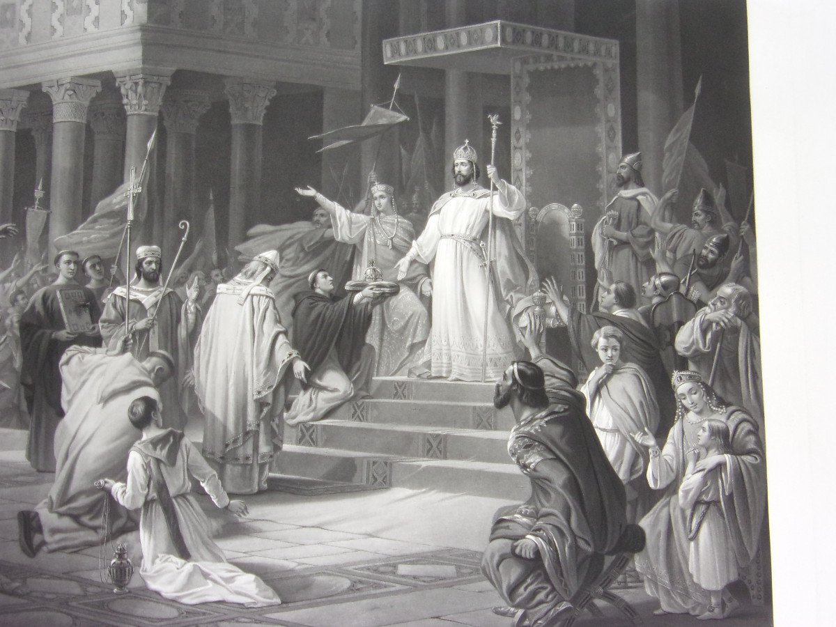 Charlemagne Proclaimed Emperor, Large Engraving 19th Century.-photo-3