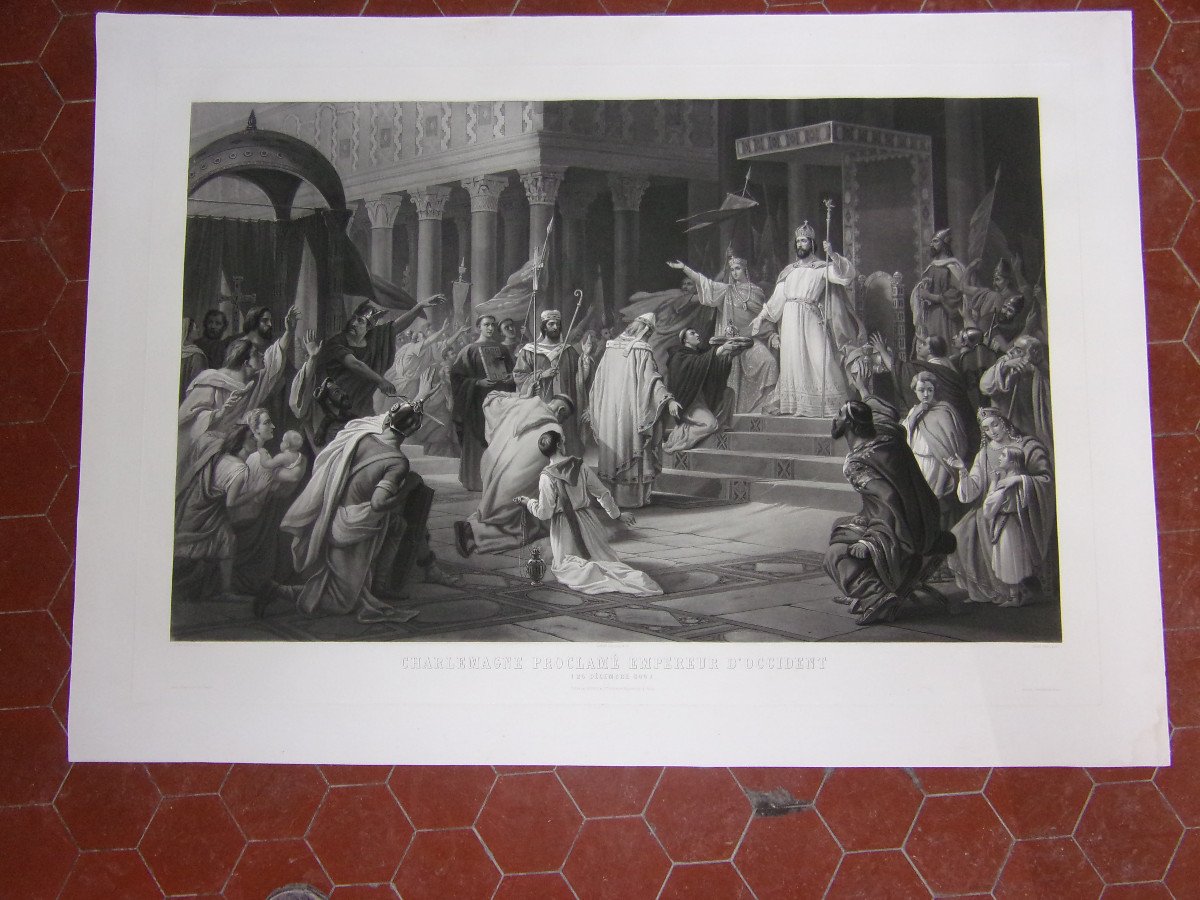 Charlemagne Proclaimed Emperor, Large Engraving 19th Century.