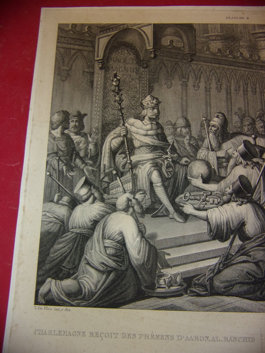 Charlemagne Recevant Des Présents, Gravure époque 19ème.-photo-3