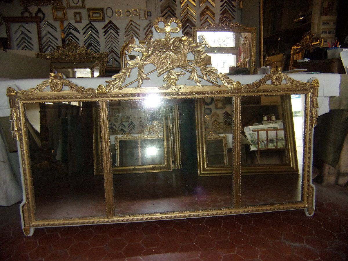 Grand Triptyque, Trois Miroirs,  forme horizontale, époque 18ème, Louis XVI En Bois Doré.-photo-2