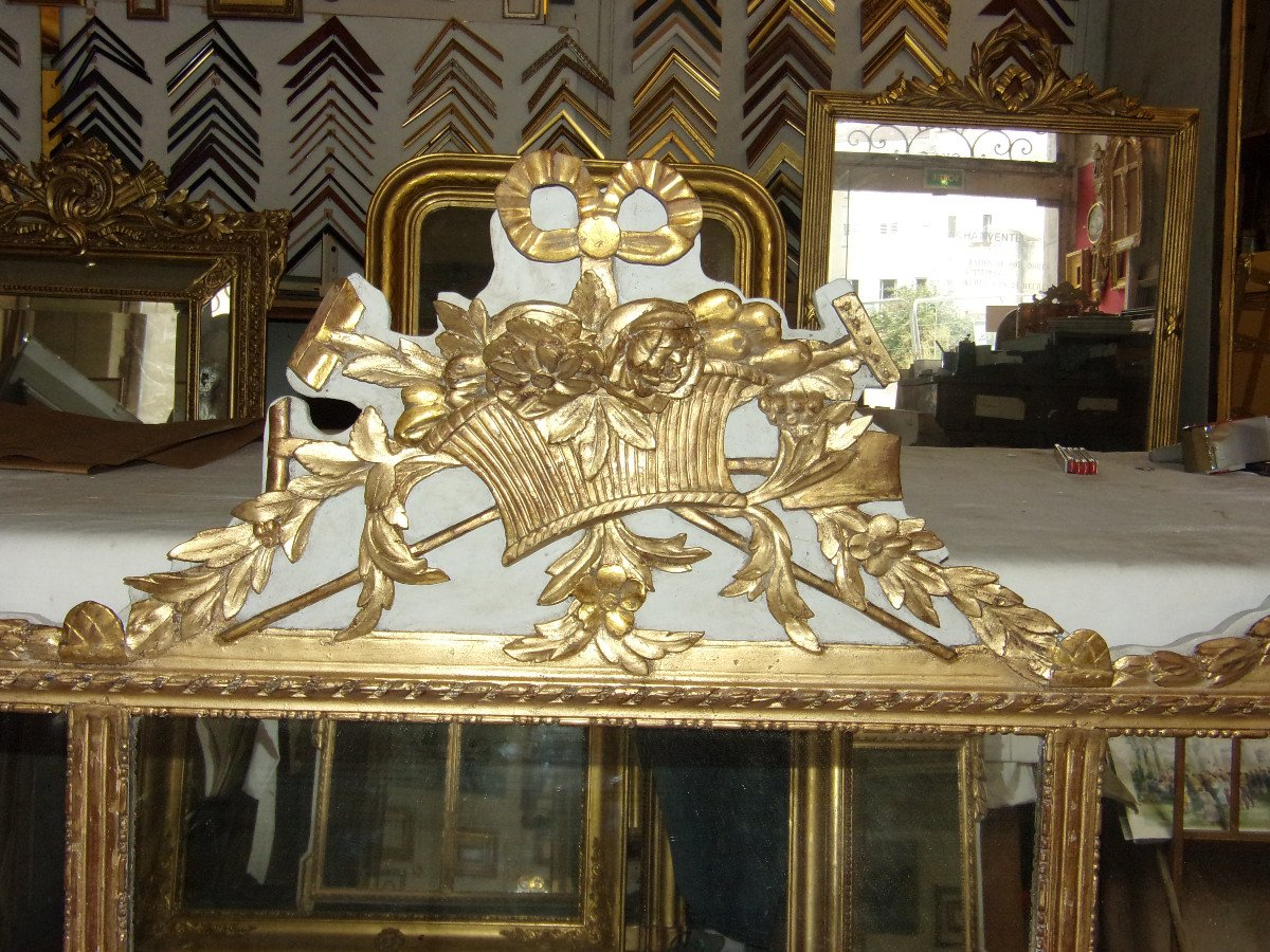 Grand Triptyque, Trois Miroirs,  forme horizontale, époque 18ème, Louis XVI En Bois Doré.-photo-3