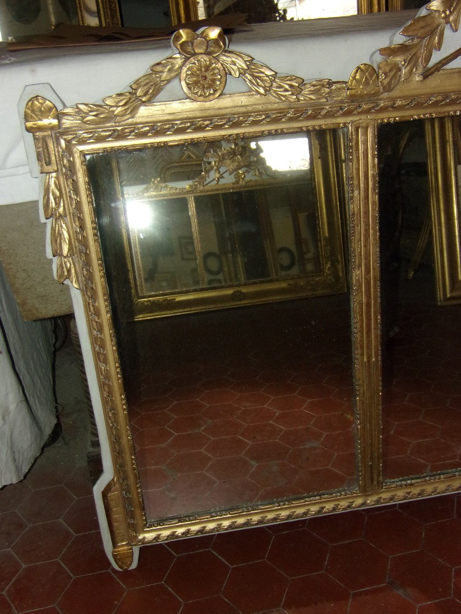 Grand Triptyque, Trois Miroirs,  forme horizontale, époque 18ème, Louis XVI En Bois Doré.-photo-6