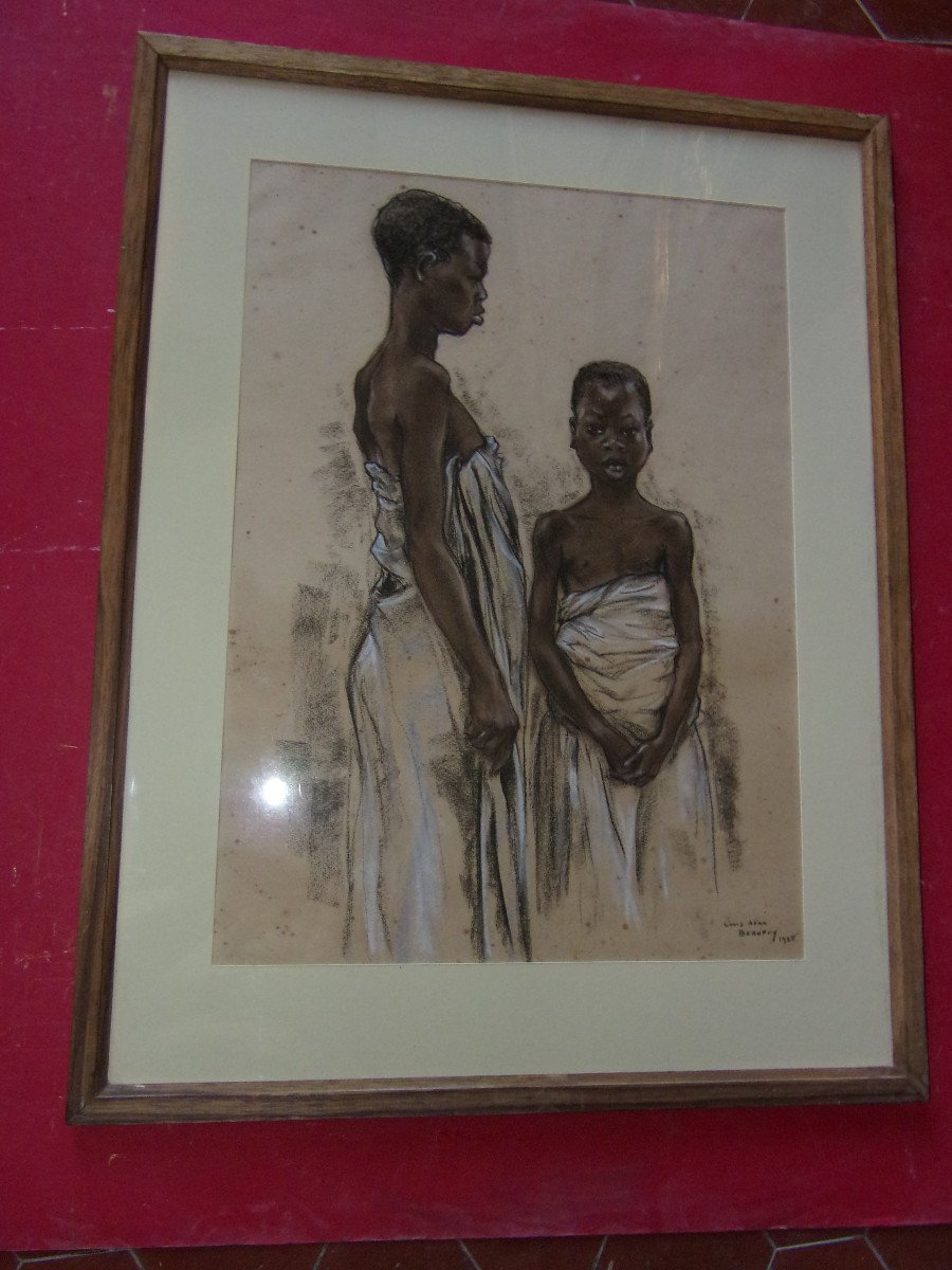 Two Children, Framed Pastel Signed Louis-jean Beaupuy, Early 20th Century.-photo-2