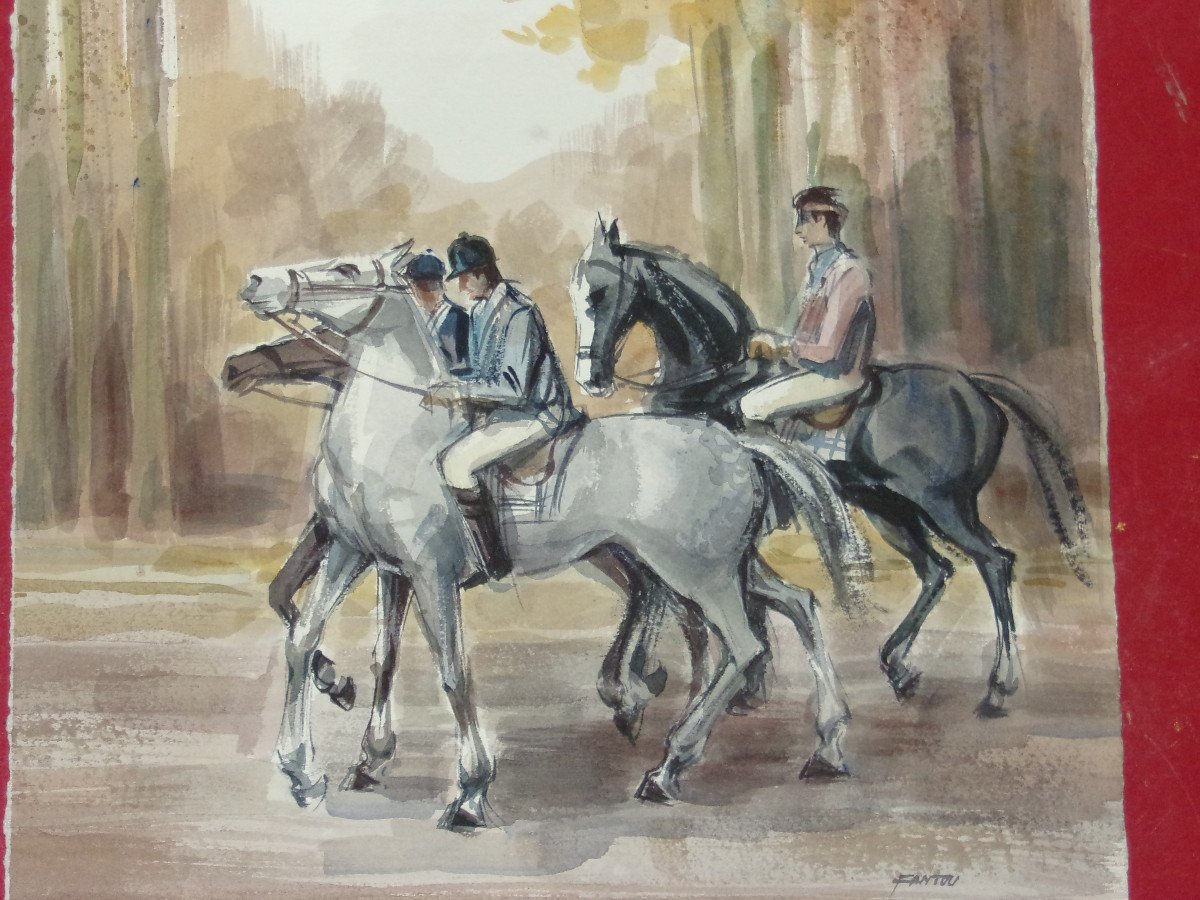 Promenade à Cheval, Aquarelle originale époque 20ème.-photo-2