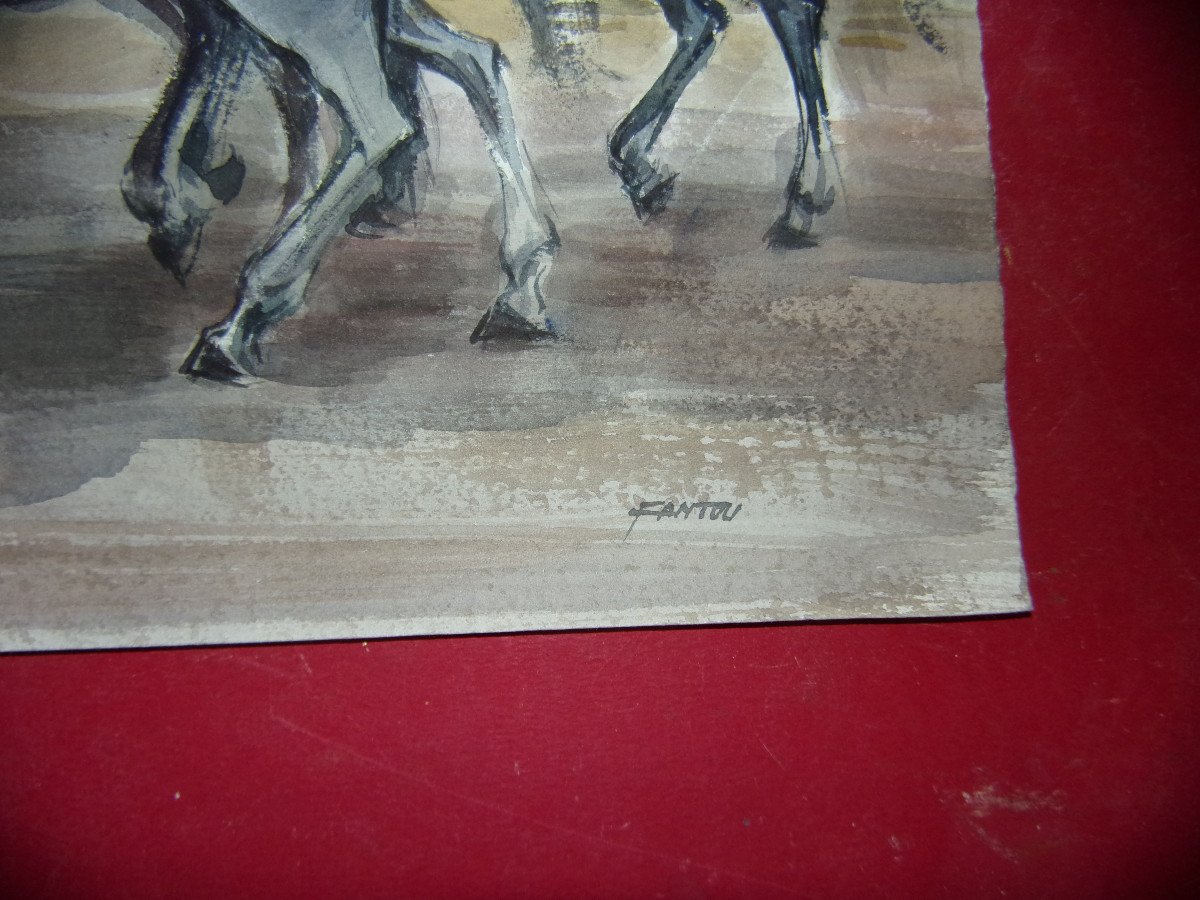 Promenade à Cheval, Aquarelle originale époque 20ème.-photo-3