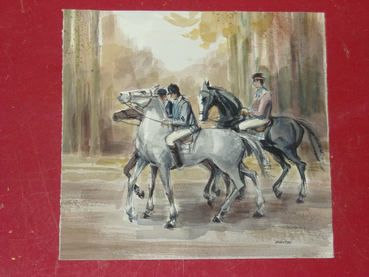 Promenade à Cheval, Aquarelle originale époque 20ème.