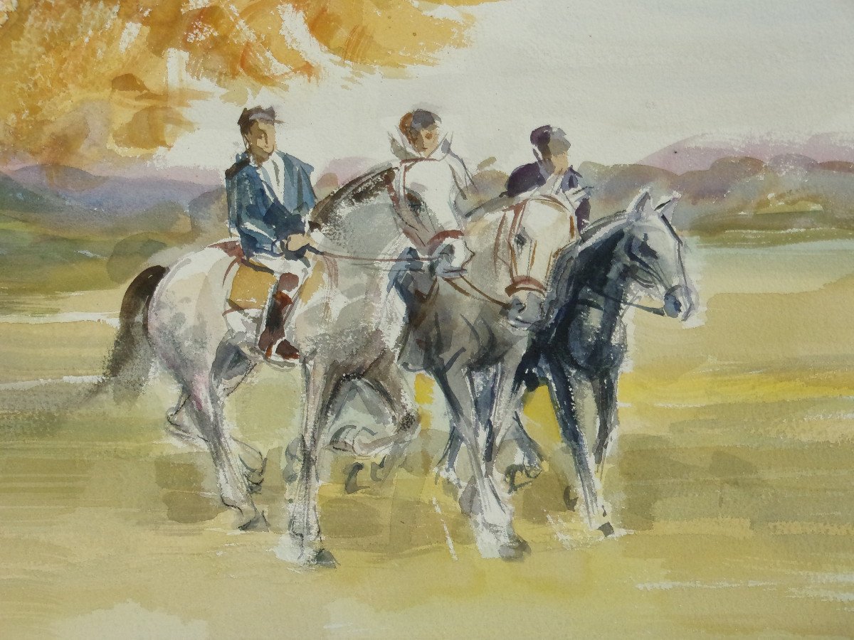 Horseback Riding, Original Watercolor From The 20th Century.-photo-3