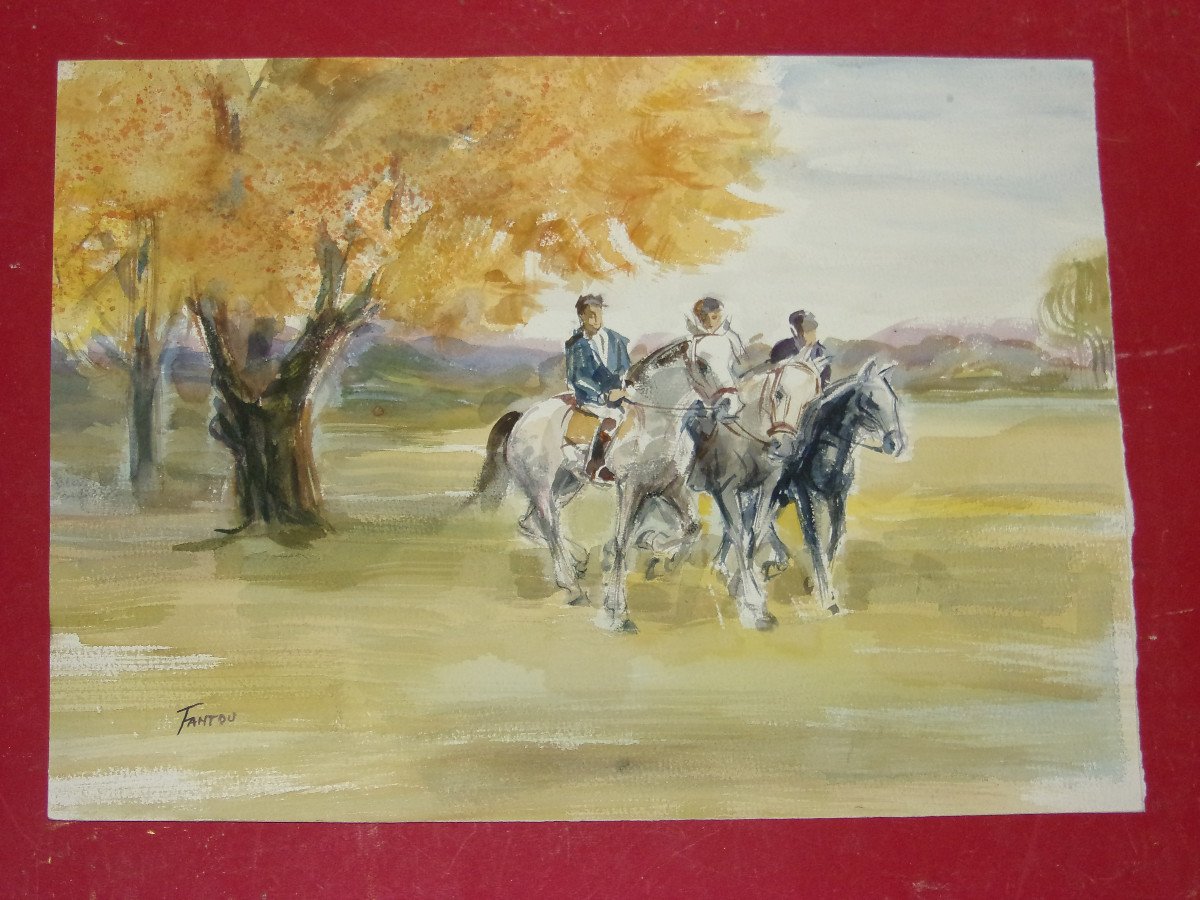 Horseback Riding, Original Watercolor From The 20th Century.