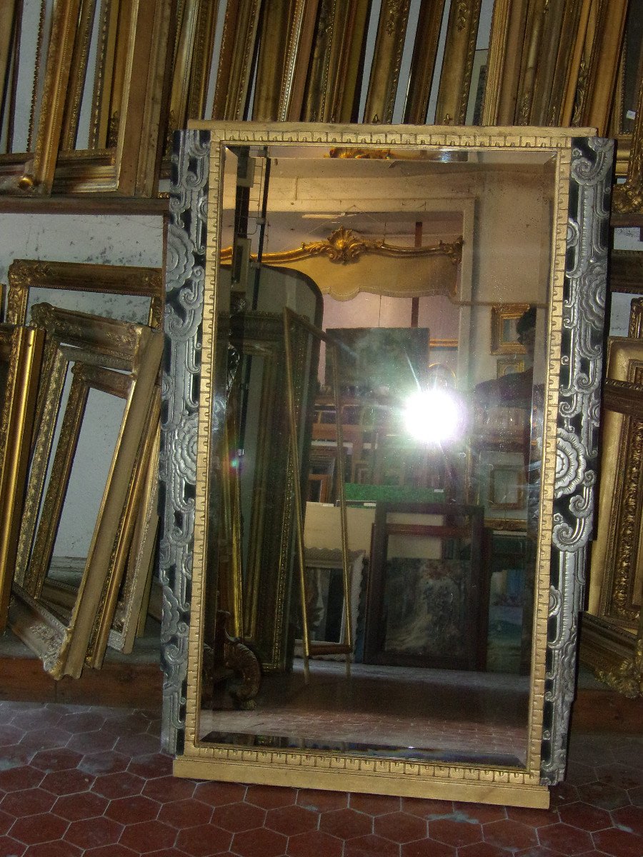 Art Deco Mirror From The Early 20th Century, Painted, Gilded And Silvered.