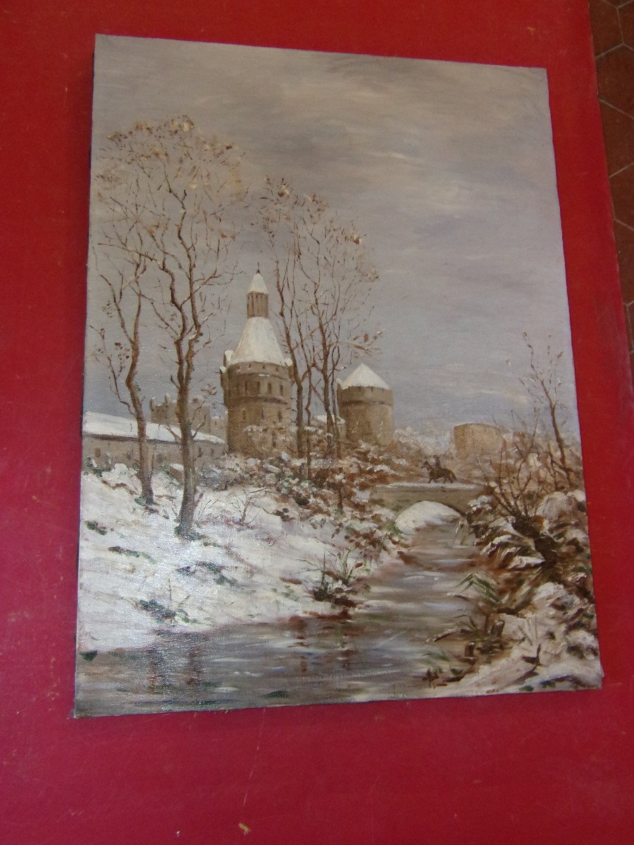 Entrée De Ville Fortifiée Sous La Neige,  avec cavalier, Tableau époque 19ème.-photo-2