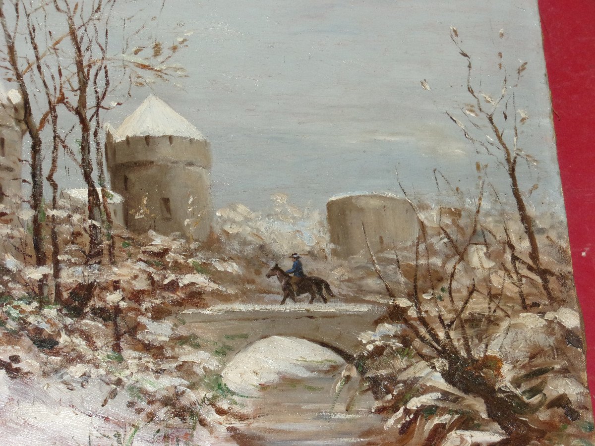 Entrée De Ville Fortifiée Sous La Neige,  avec cavalier, Tableau époque 19ème.-photo-3