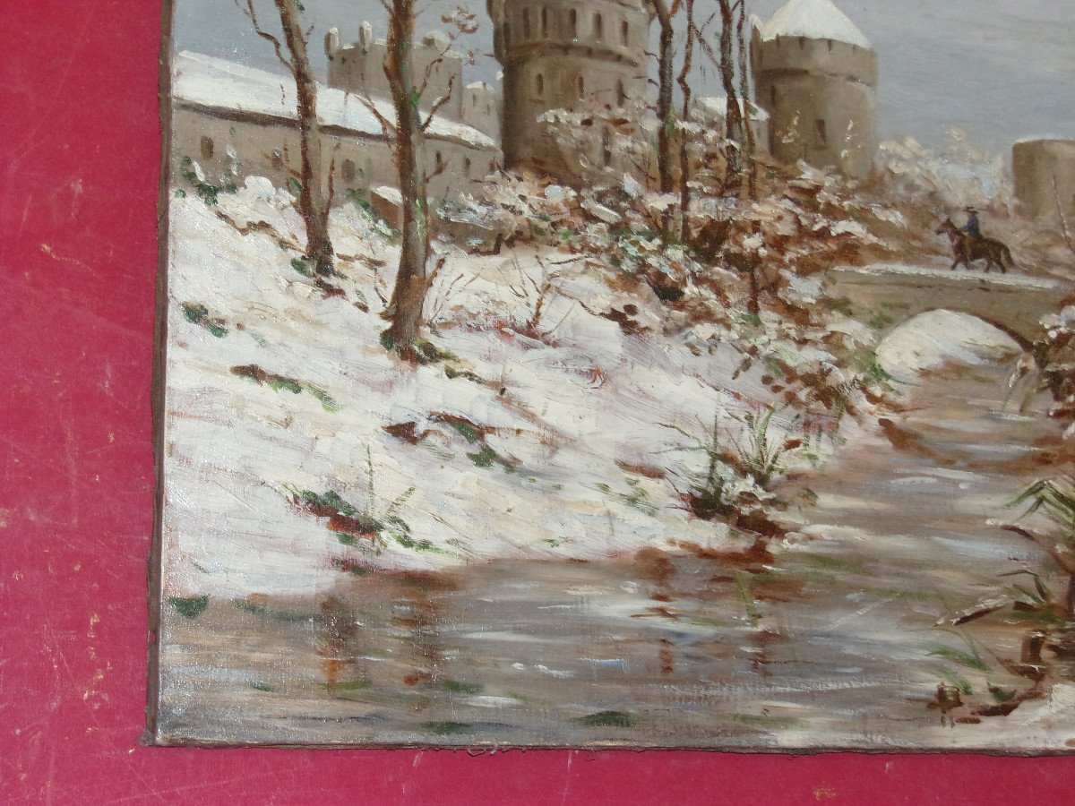 Entrée De Ville Fortifiée Sous La Neige,  avec cavalier, Tableau époque 19ème.-photo-4