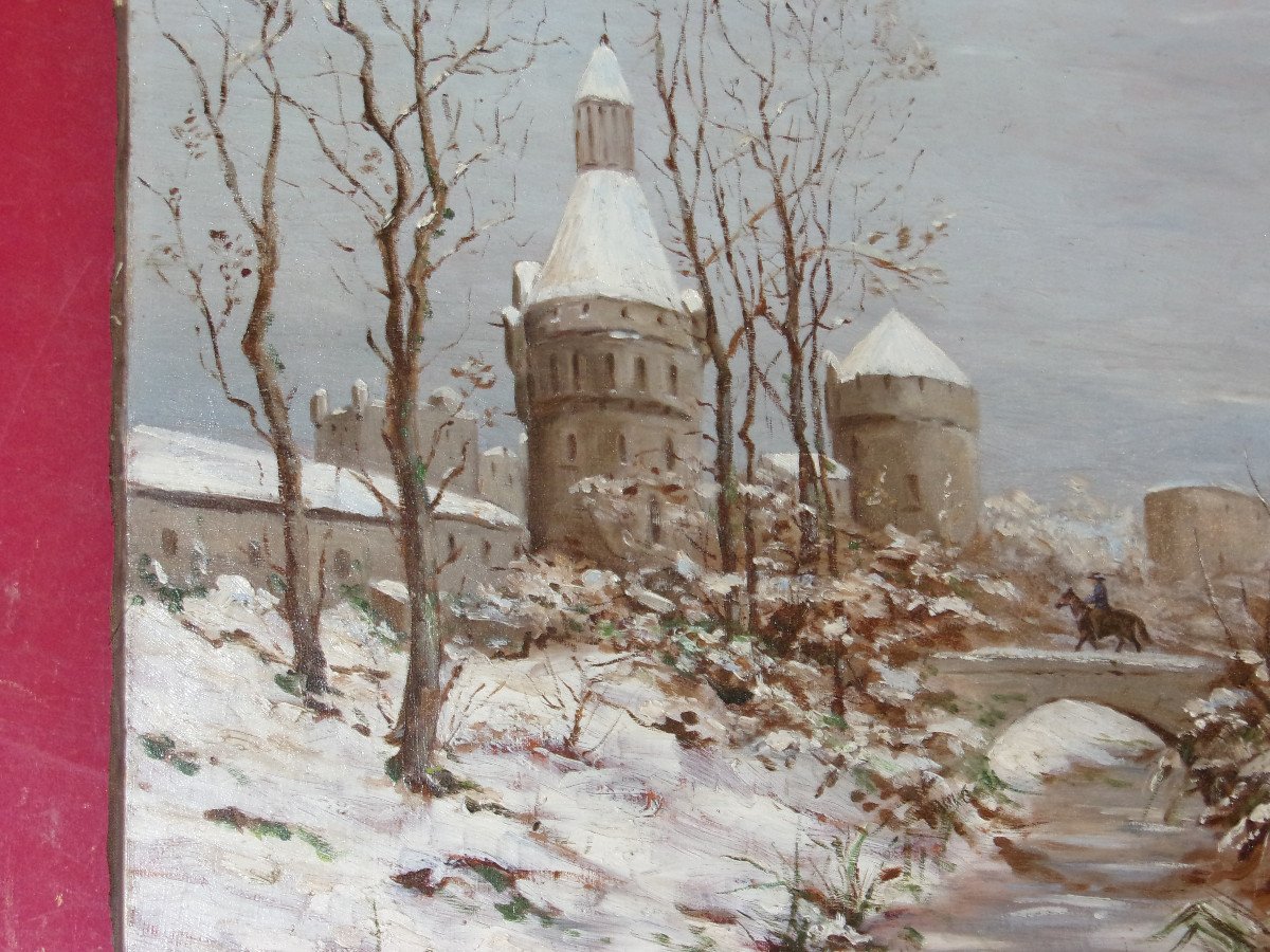 Entrée De Ville Fortifiée Sous La Neige,  avec cavalier, Tableau époque 19ème.-photo-3