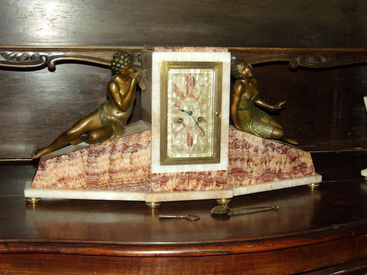 Large Marble Clock And Cassolettes, Early 20th Century, Art Deco.-photo-2