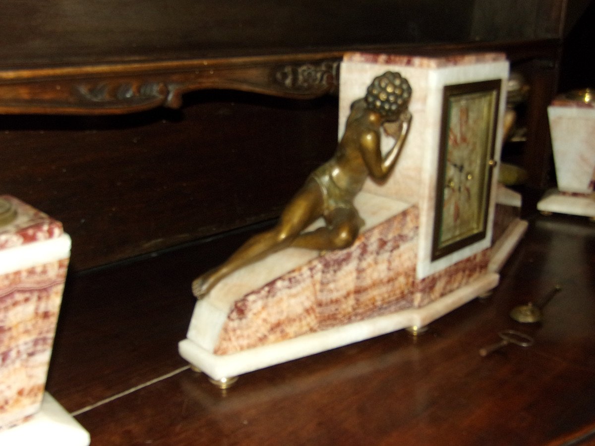 Large Marble Clock And Cassolettes, Early 20th Century, Art Deco.-photo-3