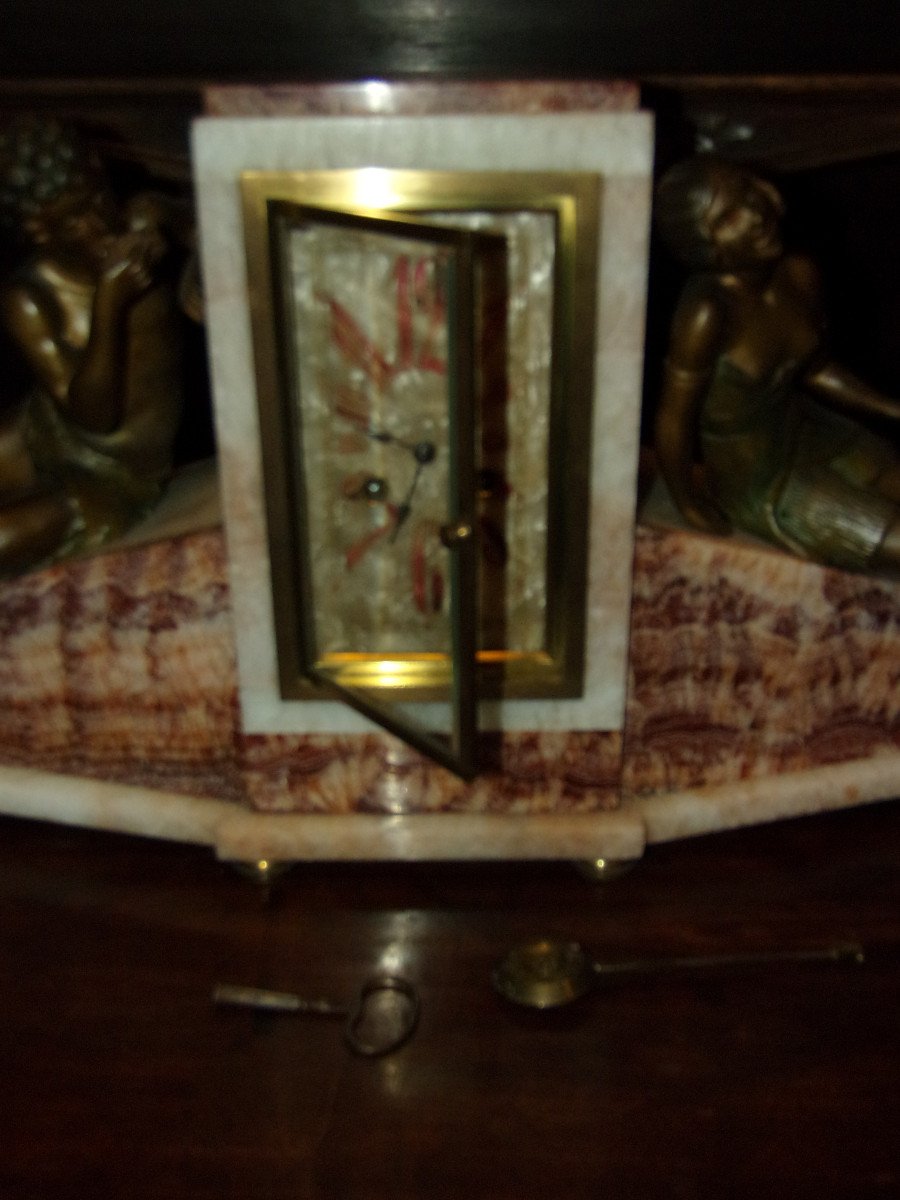 Large Marble Clock And Cassolettes, Early 20th Century, Art Deco.-photo-4