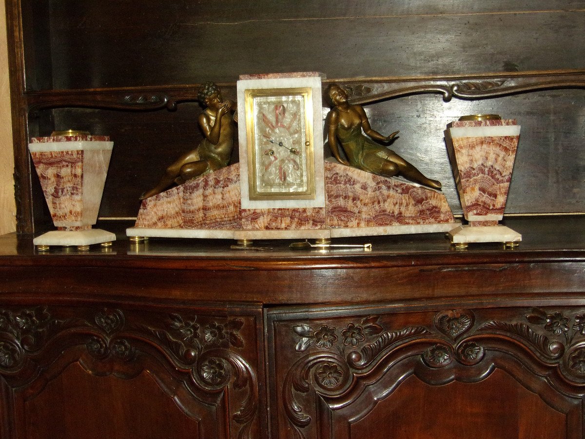 Large Marble Clock And Cassolettes, Early 20th Century, Art Deco.