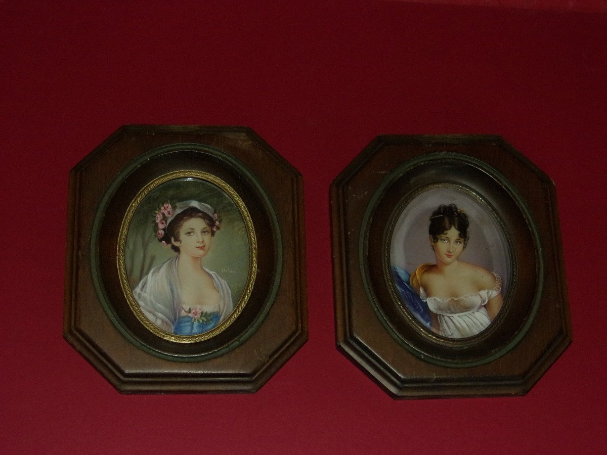 Pair Of Miniatures, Drawings Of Young Girls, Late 19th Century.