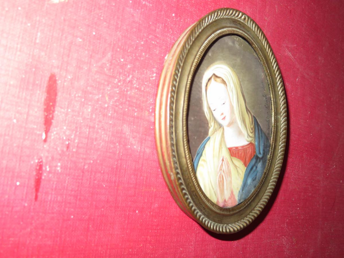 Vierge En Prière, Miniature peinte à la main,  Datée 1824.-photo-1