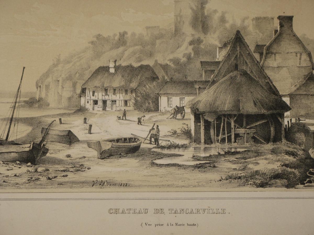 Chateau De Tancarville, Lithograph And White Sepia, 19th.-photo-3