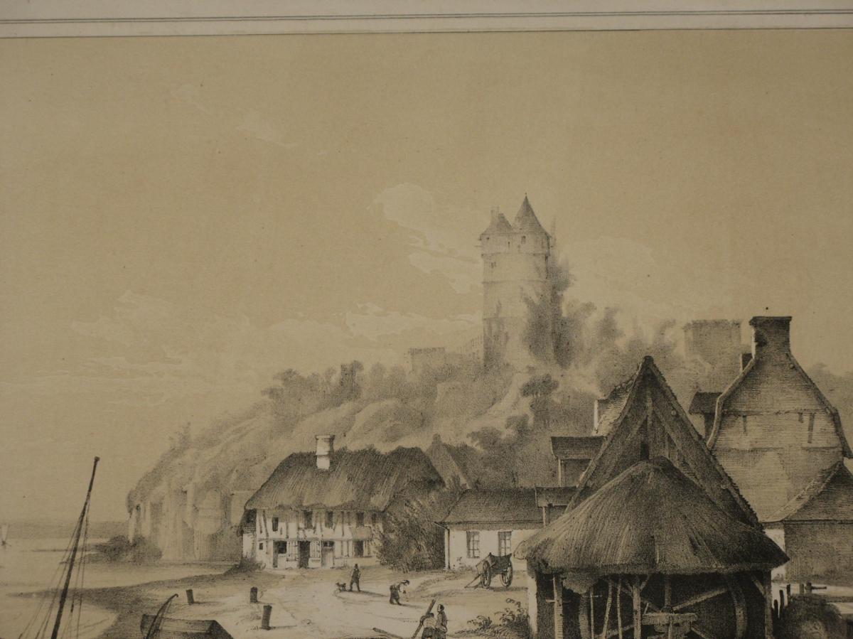 Chateau De Tancarville, Lithograph And White Sepia, 19th.-photo-2