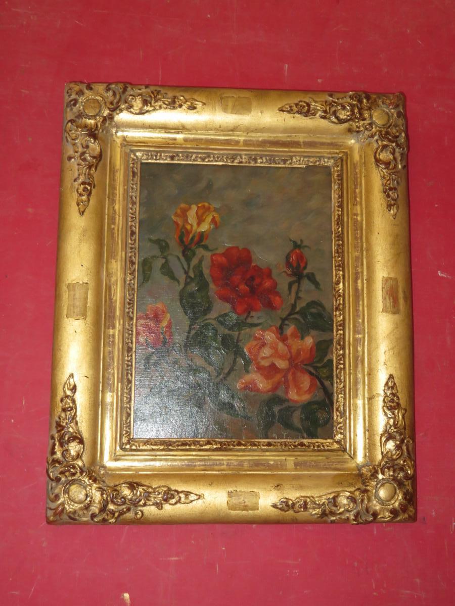 Bouquet De Roses, Peinture époque début 20 ème.