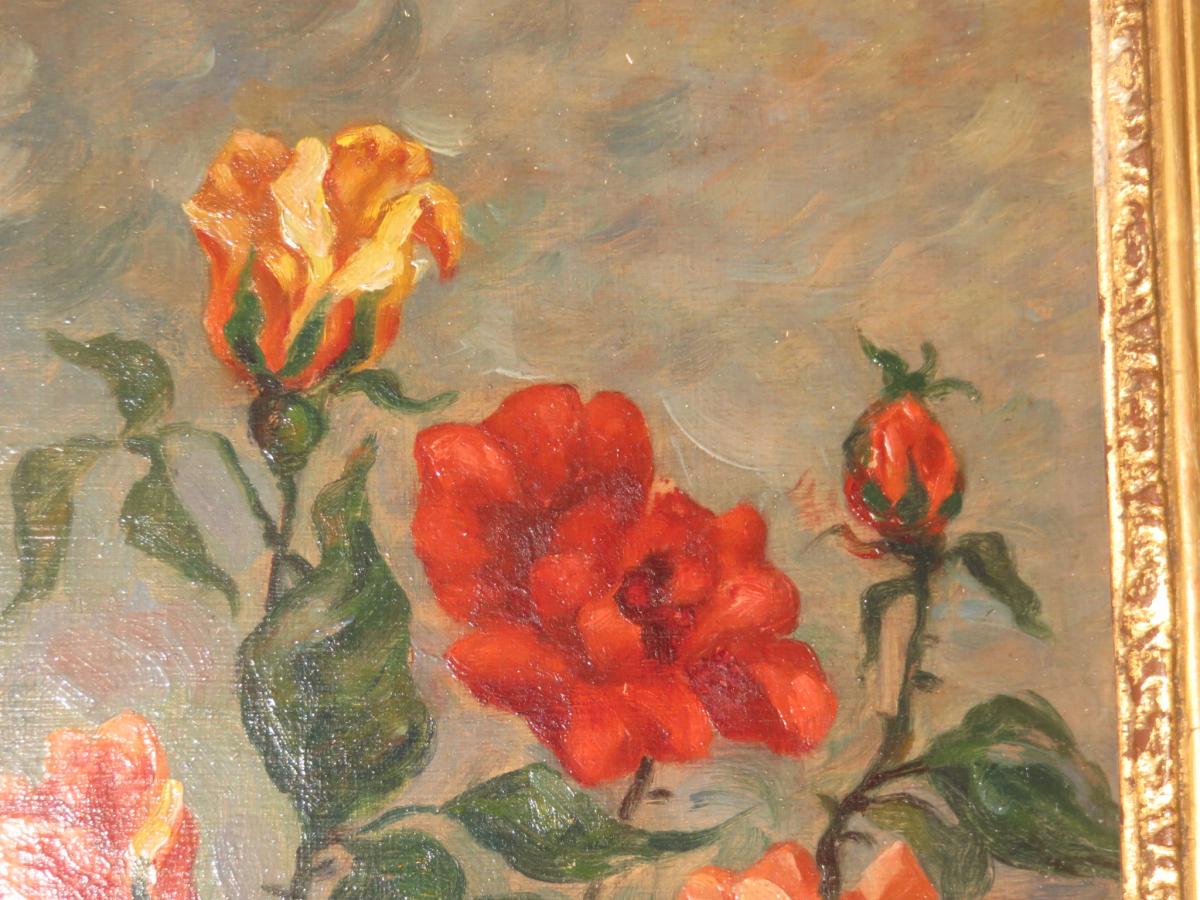 Bouquet De Roses, Peinture époque début 20 ème.-photo-4