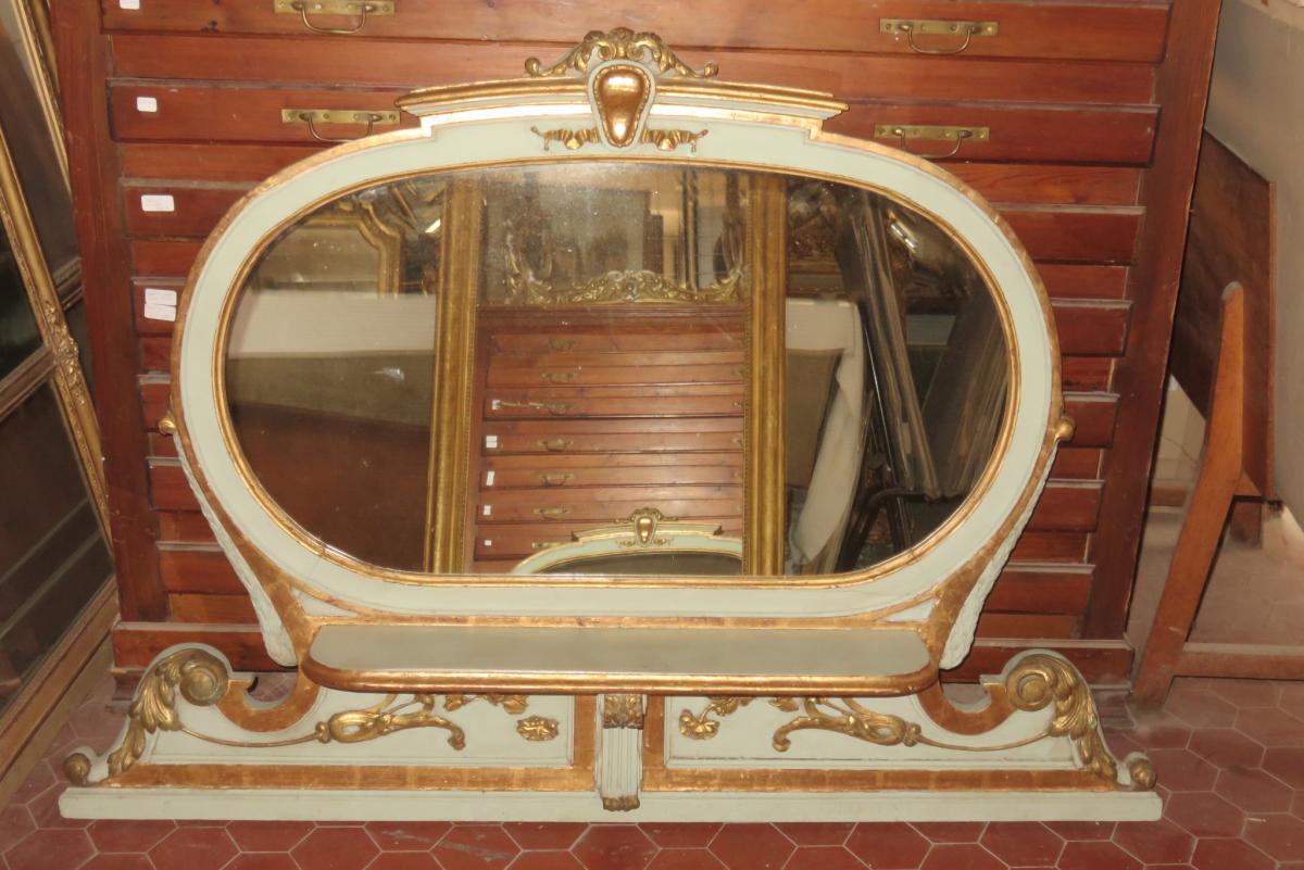 Oval Mirror, Italian, In Painted And Gilded Wood, 19th Time.