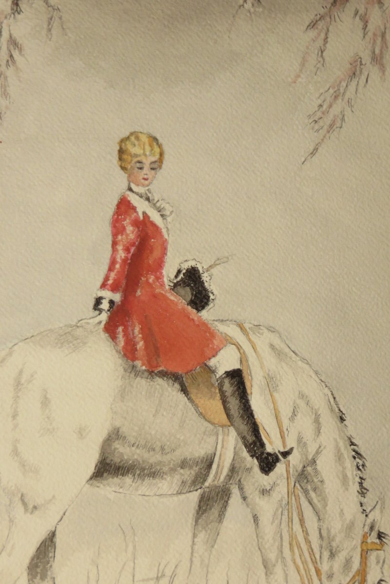 Young Rider On His Horse, Watercolor Time Early 20th.-photo-4