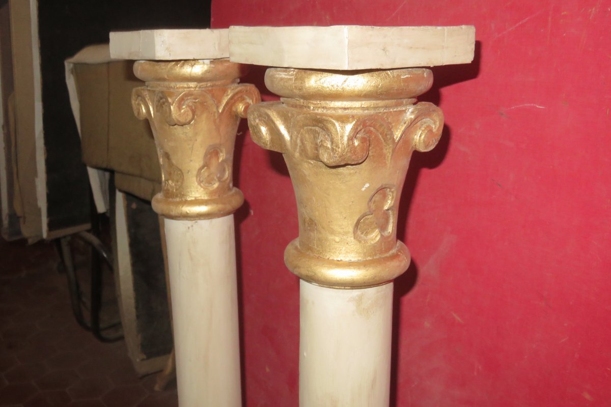 Pair Of Columns In Painted And Gilded Wood, Early 19th Time.-photo-4