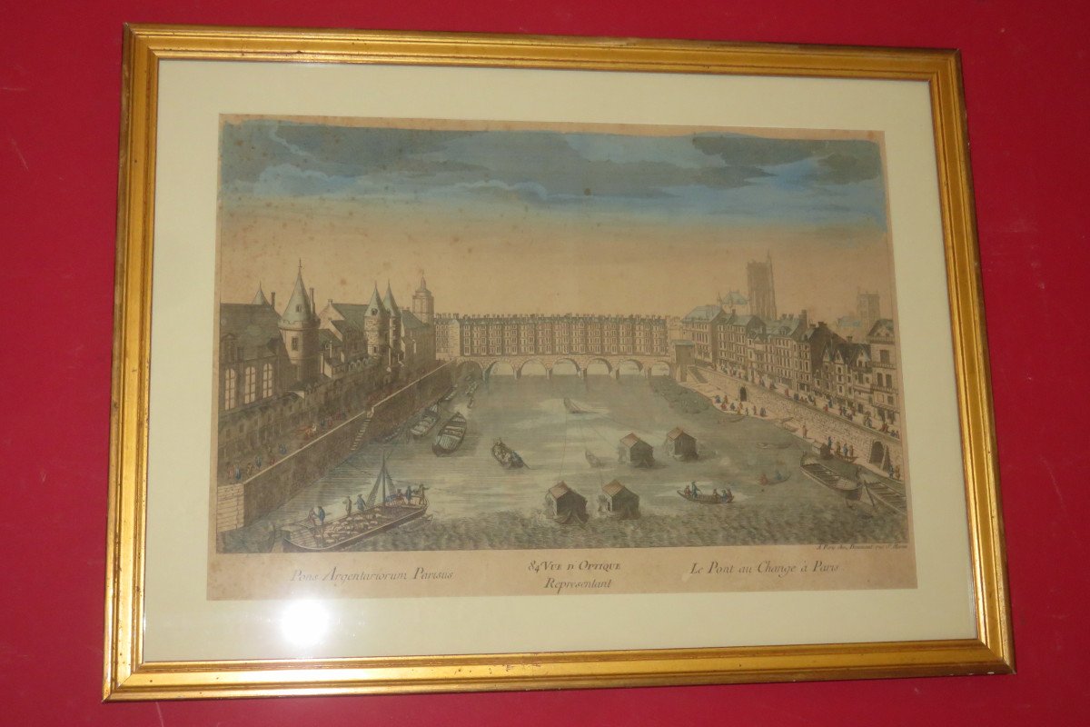 " Le pont au Change à Paris", vue d'optique époque 18ème.