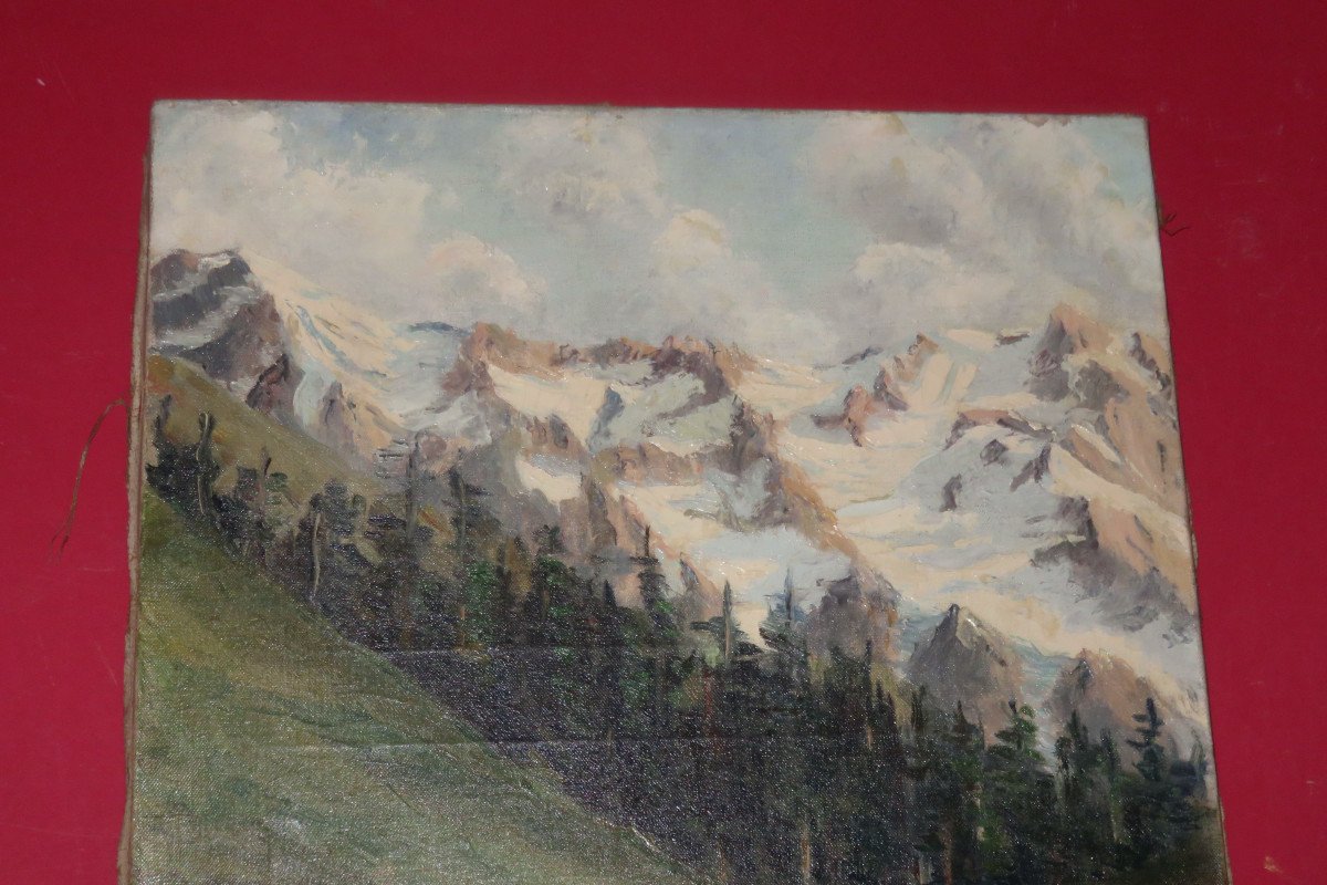 Paysage De Montagne Enneigée, Huile Sur Toile époque Début 20 ème.-photo-2