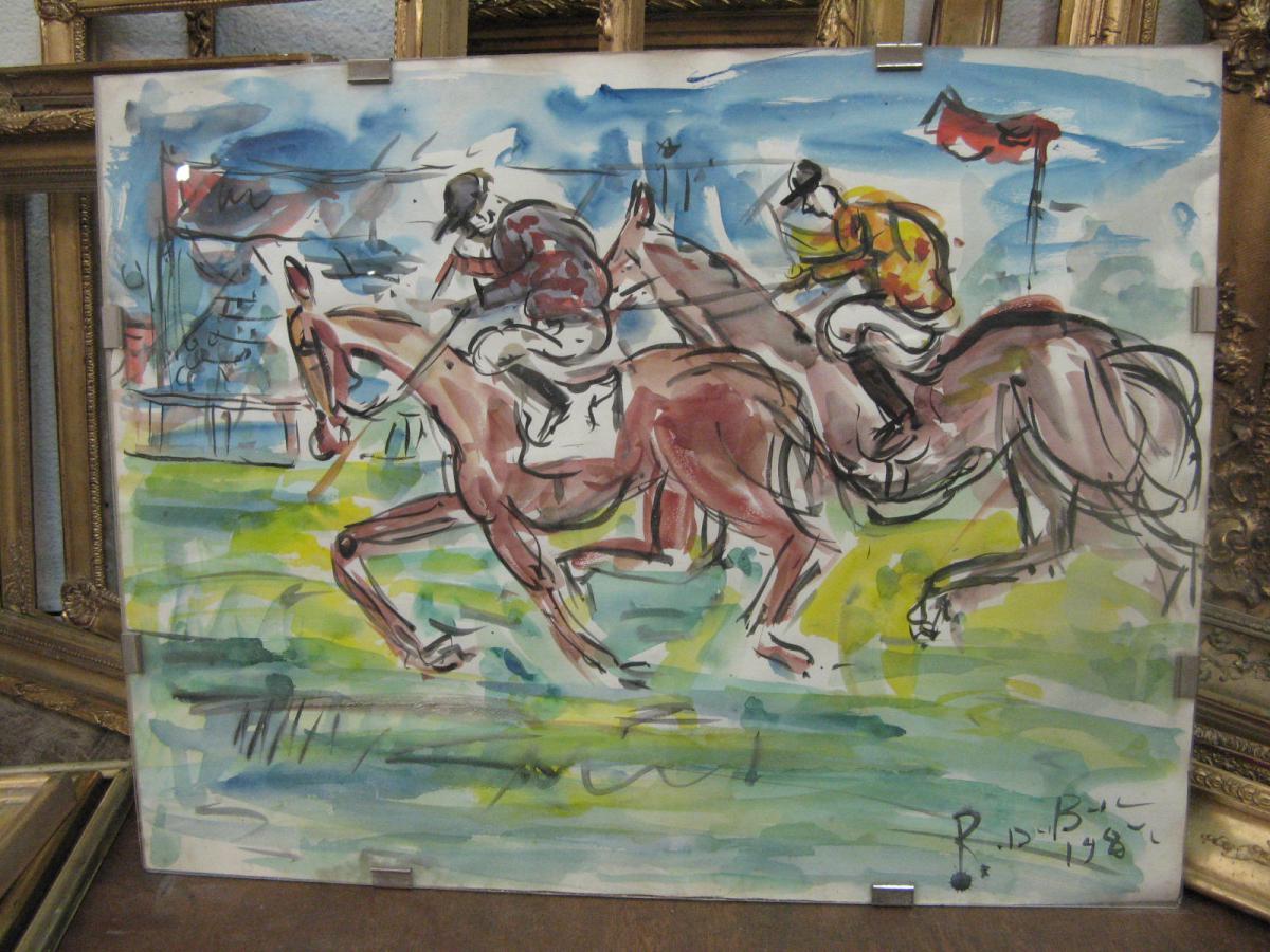 Watercolor Signed Roland Dubuc, Race Horses, The 20th.