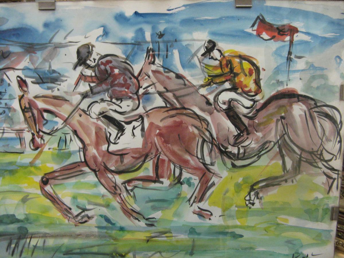 Watercolor Signed Roland Dubuc, Race Horses, The 20th.-photo-2