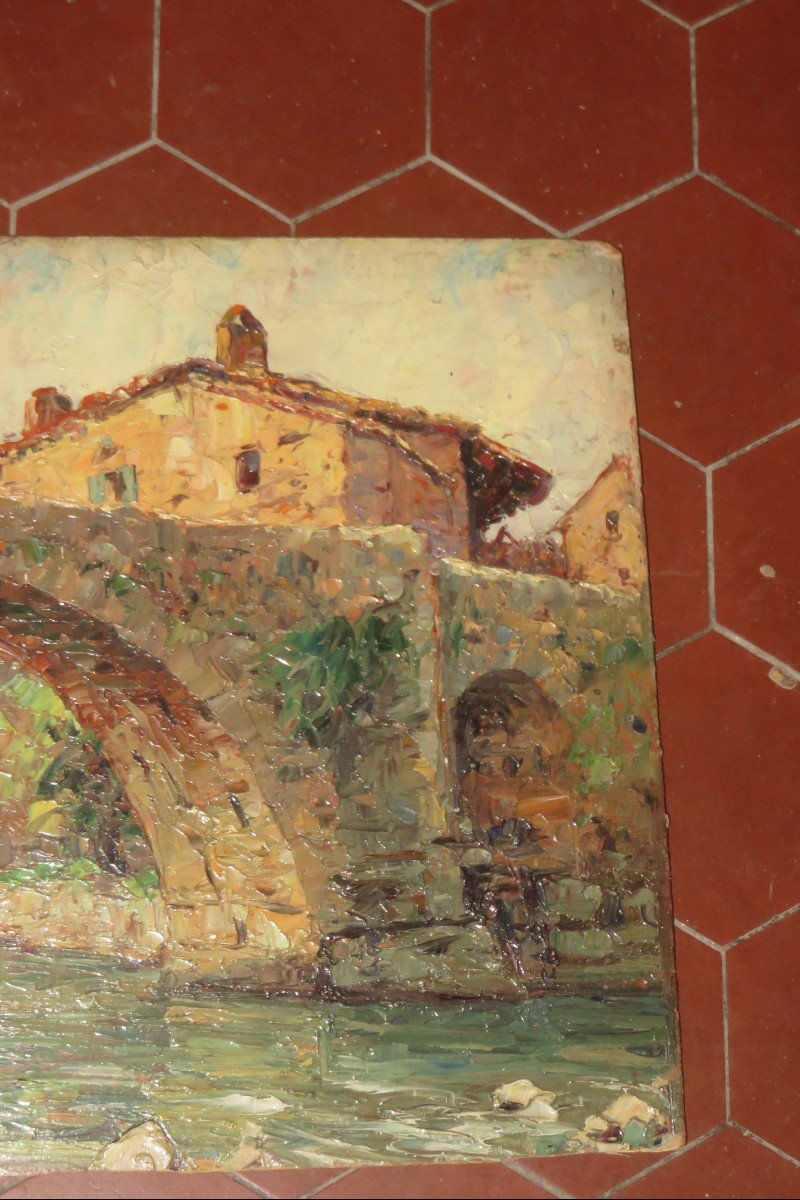 "old Bridge", Saint Privat, Panel Painting, Early 20th Century.-photo-3