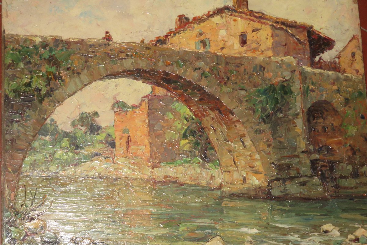 "old Bridge", Saint Privat, Panel Painting, Early 20th Century.-photo-4