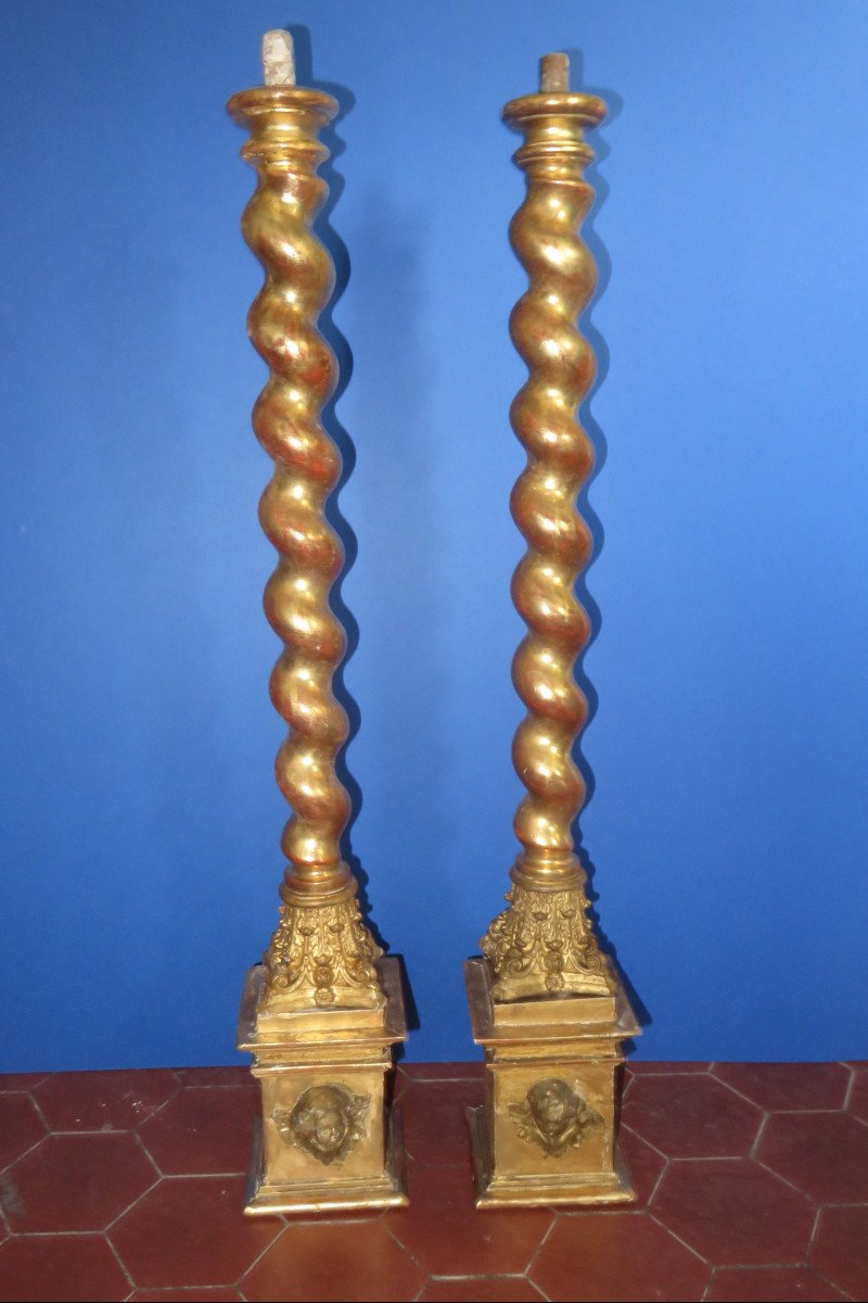 Pair Of Twisted Columns, 19th Time, In Golden Wood.