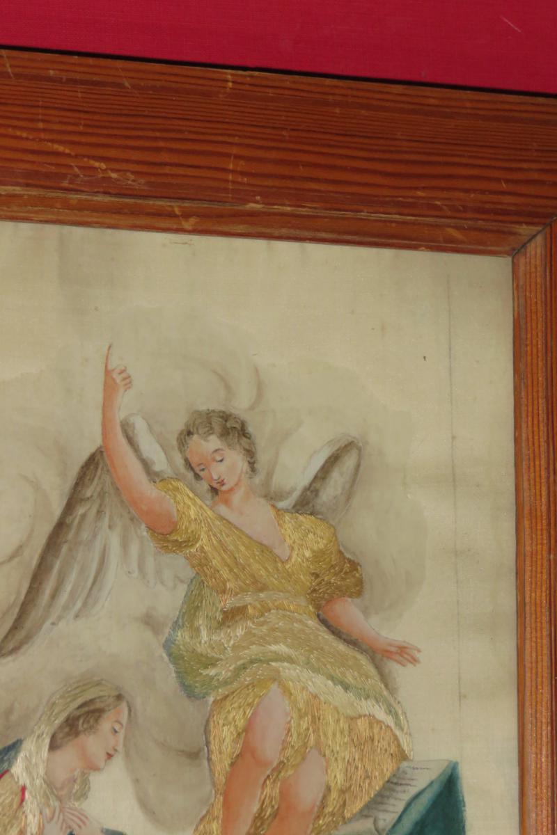 Lady With An Angel, Embroidery And Watercolor, 19th Time.-photo-3