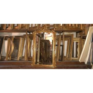 Miroir Louis-philippe à fronton, époque 19ème, En Bois Doré.