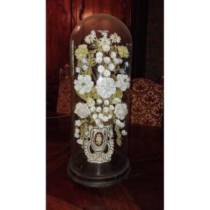 Wreath Of Porcelain Flowers Under Glass Cloche, 19th Time.