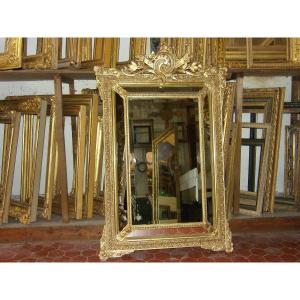 Miroir à Parcloses époque 19ème, En Bois Doré.