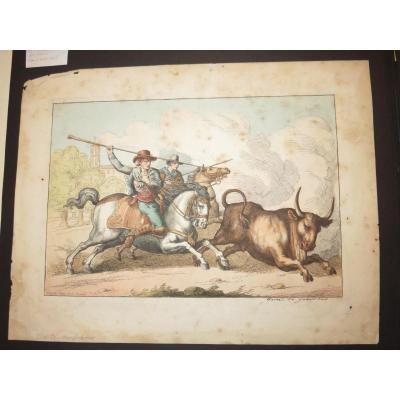 Bullfight, Rome, Etching Dated 1815.