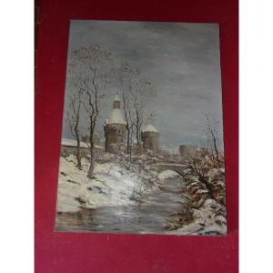 Entrance To Fortified City Under The Snow, 19th Century Painting.