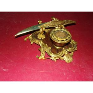 Inkwell With Paper Cut (eagle), In Bronze, Late 19th Century.