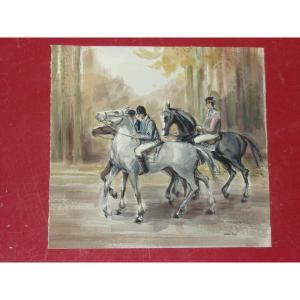 Horseback Riding, Watercolor From The 20th Century.