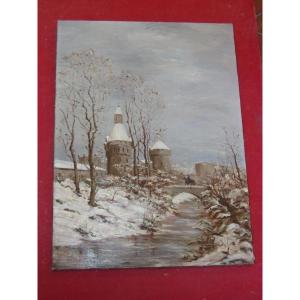 Entrance To A Fortified Town Under The Snow, With Horseman, 19th Century Painting.