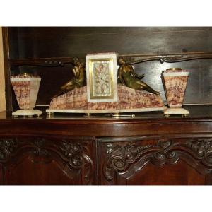 Large Marble Clock And Cassolettes, Early 20th Century, Art Deco.