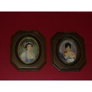 Pair Of Miniatures, Drawings Of Young Girls, Late 19th Century.